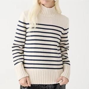 J. Crew Women's Stripe Cotton Turtleneck Sweater CE701 Ivory Black Size M NWT
